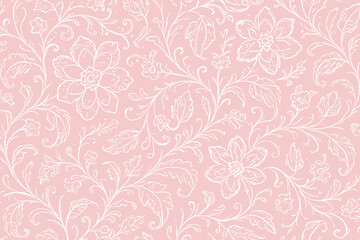 Soft pink seamless floral pattern with white hand-drawn flowers, leaves, and vines in vintage botanical style