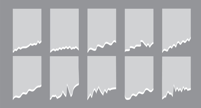 Compilation of assorted shapes for web page headers or footers. White torn or ripped paper sheet. Abstract realistic ornament or decoration clip art.