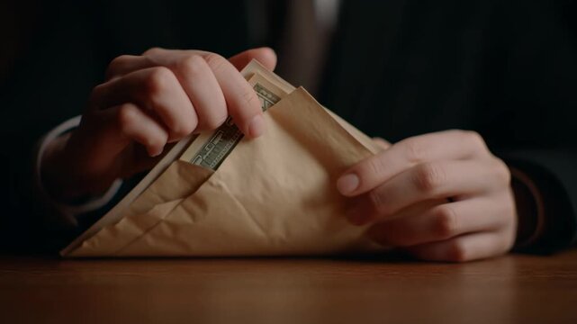 Hands of a person putting dollar bills into a brown envelope, showing financial fraud, bribery, and corruption of illegal money.