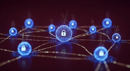 Network of glowing blue spheres connected by lines with padlock icons on a dark red background