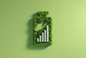 3D battery icon made of grass, flat lay on a light green background, a bar graph is visible inside the charging bolt, eco-friendly concept