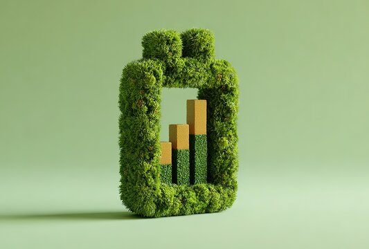 3D battery icon made of grass, flat lay on a light green background, a bar graph is visible inside the charging bolt, eco-friendly concept