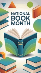 Celebrate national book month with an open book surrounded by stacks of colorful literature