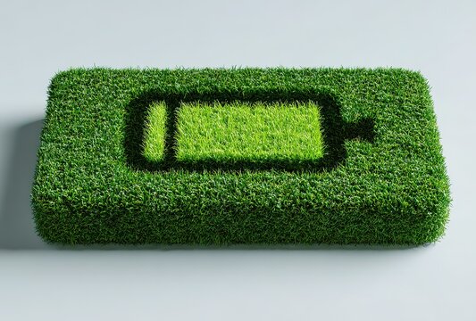 3D illustration of an icon made from grass, depicting a battery level bar graph with a green color on a light background