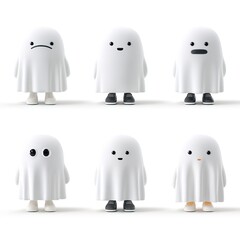 3D vector ghost character set, isolated on a white background, cute cartoon design