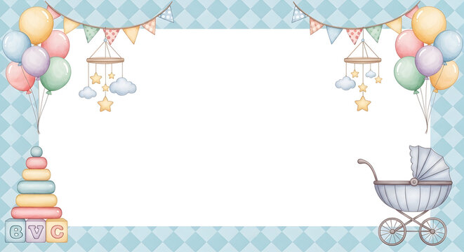 Baby shower frame with teddy bear, stroller and pastel bunting — soft nursery border for invitations and announcements