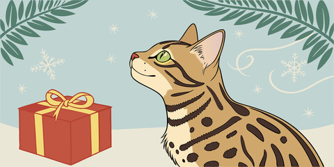 Christmas Bengal Cat beside Gift Box
