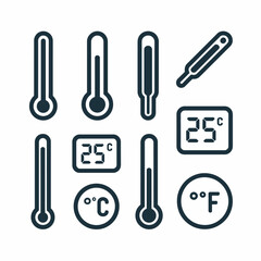 Fototapeta premium Collection of thermometer icons and temperature readings in celsius and fahrenheit