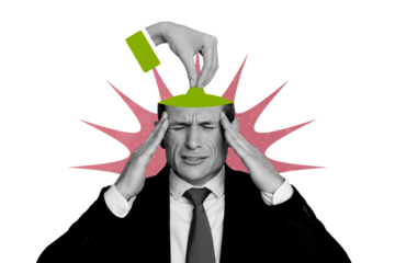 Creative photo collage senior businessman pain headache migraine overworked overwhelmed boss agent formalwear suit half head 3d hand