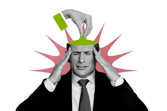Creative photo collage senior businessman pain headache migraine overworked overwhelmed boss agent formalwear suit half head 3d hand