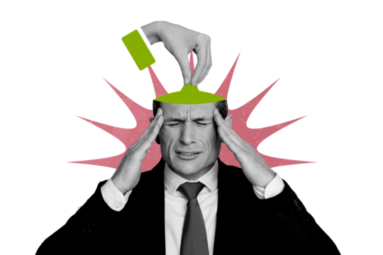 Creative photo collage senior businessman pain headache migraine overworked overwhelmed boss agent formalwear suit half head 3d hand - Powered by Adobe