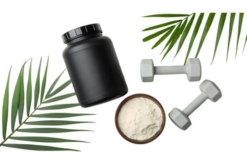 Protein powder and dumbbells isolated on transparent background