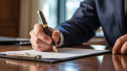 Close up of businessman signing document with fountain pen at desk in office.