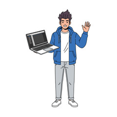 Friendly Programmer Showing Code on Laptop, Cartoon Style
