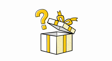 Unveiling a surprise concept with a vibrant yellow gift box and mystery question mark icon
