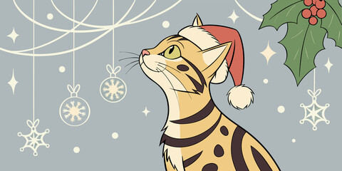 Christmas Bengal Cat with Santa Hat