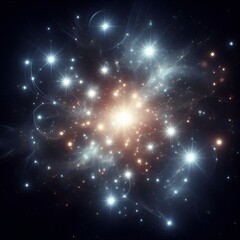 Fototapeta premium “Glowing stars scattered in deep black space, shining brightly with soft halos, dreamy galaxy atmosphere, sparkling cosmic night sky, isolated dark background.”