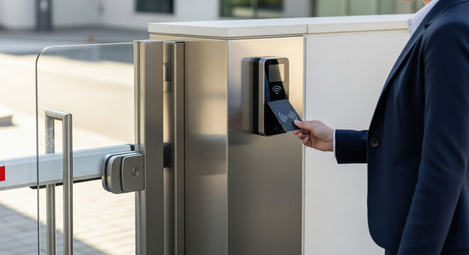 Businessperson using RFID access card at modern electronic security gate, demonstrating secure entry, smart technology, and access control system for offices or private areas