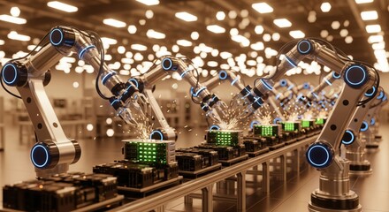 Futuristic robotic arms assembling electronic components on a high-tech factory production line, sparks flying, advanced automation and artificial intelligence in manufacturing