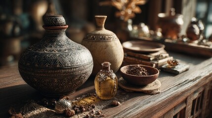 Mystical Alchemy: Aromatic Potions and Ancient Vessels on a Rustic Tabletop