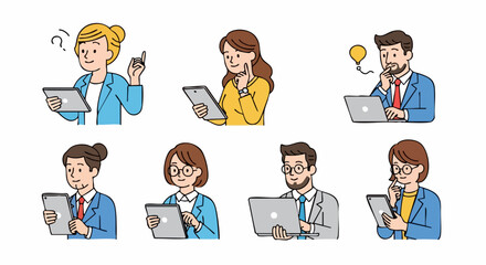 Diverse team thinking creatively using tablets and laptops for business brainstorming and problem solving online