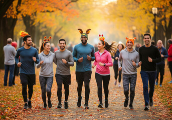 A happy and diverse group of young adults participates in a Turkey Trot, a fun run traditionally held on Thanksgiving. 