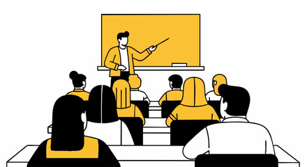 Engaging lecture hall scene with professor teaching students in a modern, vibrant learning environment