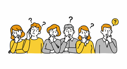 Naklejka premium Confused group of people thinking hard, brainstorming ideas, finding solutions to problems and seeking answers