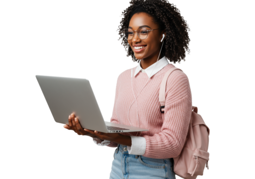 Young African American woman smiling confidently, holding silver laptop, adjusting round glasses, pink sweater, blue jeans. transparent studio background. Concept of modern education and digital - Powered by Adobe