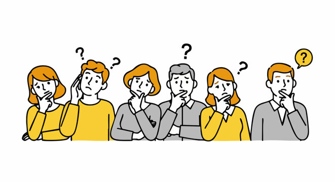 Confused group of people thinking hard, brainstorming ideas, finding solutions to problems and seeking answers