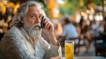 Old man with glass of orange juice. Man with mustache and gray mustache in video. A city with a bustling phone street and a busy street with people talking. Elderly man holding a lifestyle glass of.