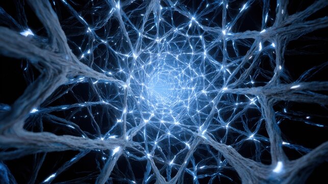 Futuristic glowing neural network with blue electric connections, abstract visualization of digital brain synapses and artificial intelligence structure in cyberspace