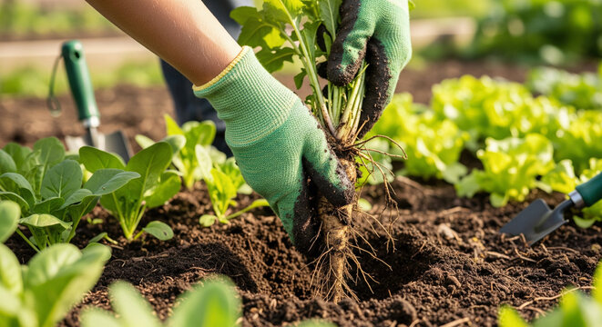 Volunteer's hands in gardening gloves pulling weeds in a community vegetable garden