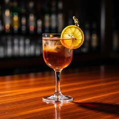 Elegant Cocktail with Lemon Garnish on a Wooden Bar Top.