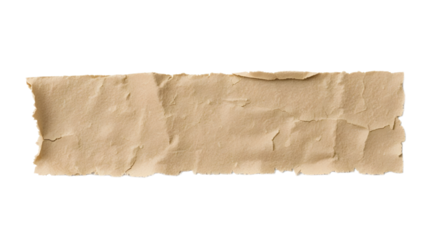 Brown kraft paper tape strip isolated on transparent background. Realistic torn edges and wrinkled paper texture, perfect for collage, scrapbooking, posters, and design mockups.