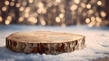 Empty wooden log on snow with christmas lights background for product placement