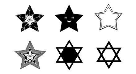 Collection of six different star icons, including a happy face star and star of david, isolated on white background silhouette graphics elements set
