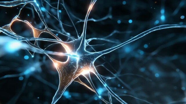 A close up of a brain with many blue and white lines. Conceptual illustration of electric neuron web shapes glowing in gut area, enteric nervous system sci-tech dark blue teal
