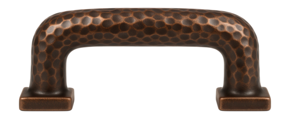 Metal furniture handle with a hammered texture and antique copper finish