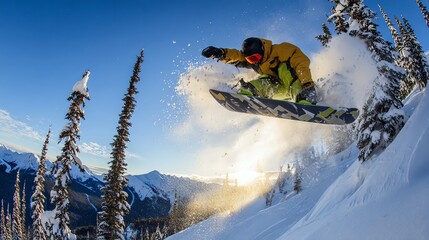Snowboarder Jumping in Snowy Mountains on a Sunny Winter Day