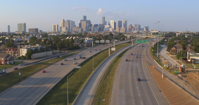 Drone Shot of 288 and Houston Skyline