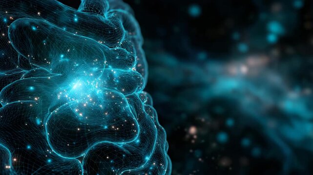 A brain with a blue background. Conceptual illustration of glowing neural network inside gut area, futuristic sci-tech blue teal lines on dark background, enteric nervous system
