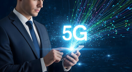 Businessman using smartphone with glowing 5G hologram and futuristic data network background — mobile connectivity, high-speed wireless technology concept