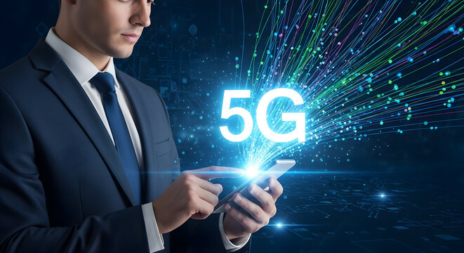 Businessman using smartphone with glowing 5G hologram and futuristic data network background — mobile connectivity, high-speed wireless technology concept