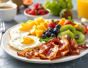 A healthy breakfast plate with eggs, bacon, and fruit