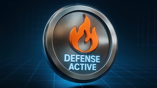Defense active button fire icon metallic round frame glowing blue text dark futuristic background alert protection system badge orange flame symbol emblem technology concept security light effect
