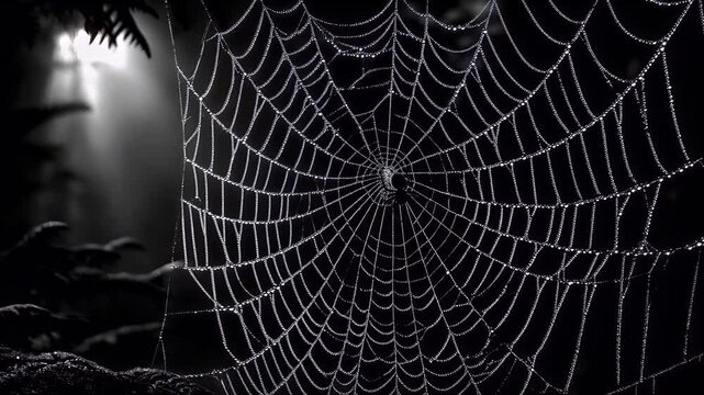 Spider web dew drops glistening in dark forest illuminated by soft light delicate intricate natural pattern moisture beads spider silhouette night scene close up photography