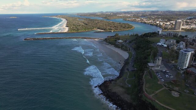 Point Danger, Snapper Rocks And Duranbah Beach In Tweed Heads, NSW, Australia - Drone Shot