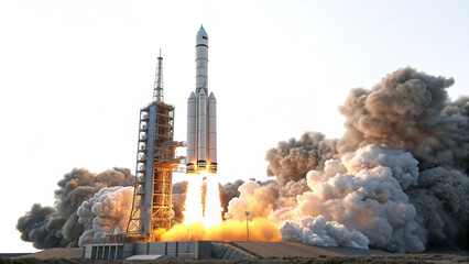 Rocket launch from launchpad with smoke and fire space