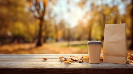 Coffee and shopping bag resting on table in autumn park